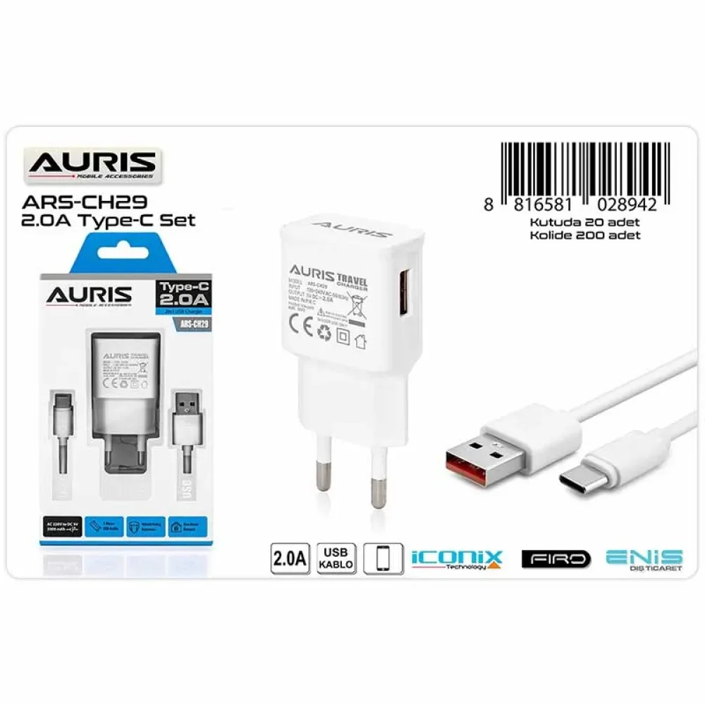 Auris Ars-Ch29 Şarj Başlık+Kablo Type-C 2.0 a20