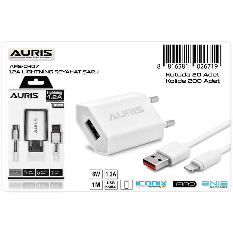 Auris Şarj Aleti + Lightning Kablo 1A 5W