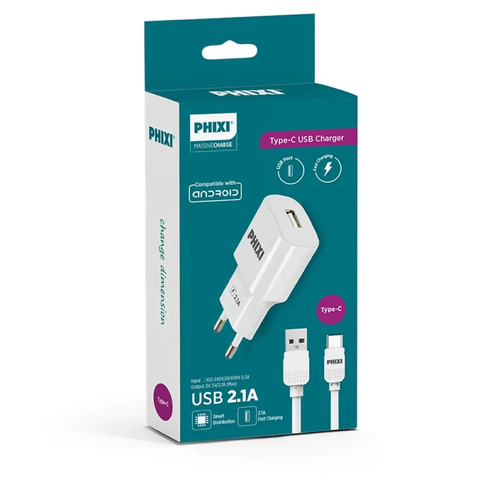 PHİXİ PCH201T Basic 2.1 A Type‑C Kablolu Şarj Cihazı 