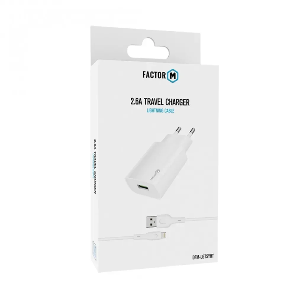 Factor-M Usb to Lightning 2.4A Ev/Seyahat Şarj Seti - Beyaz