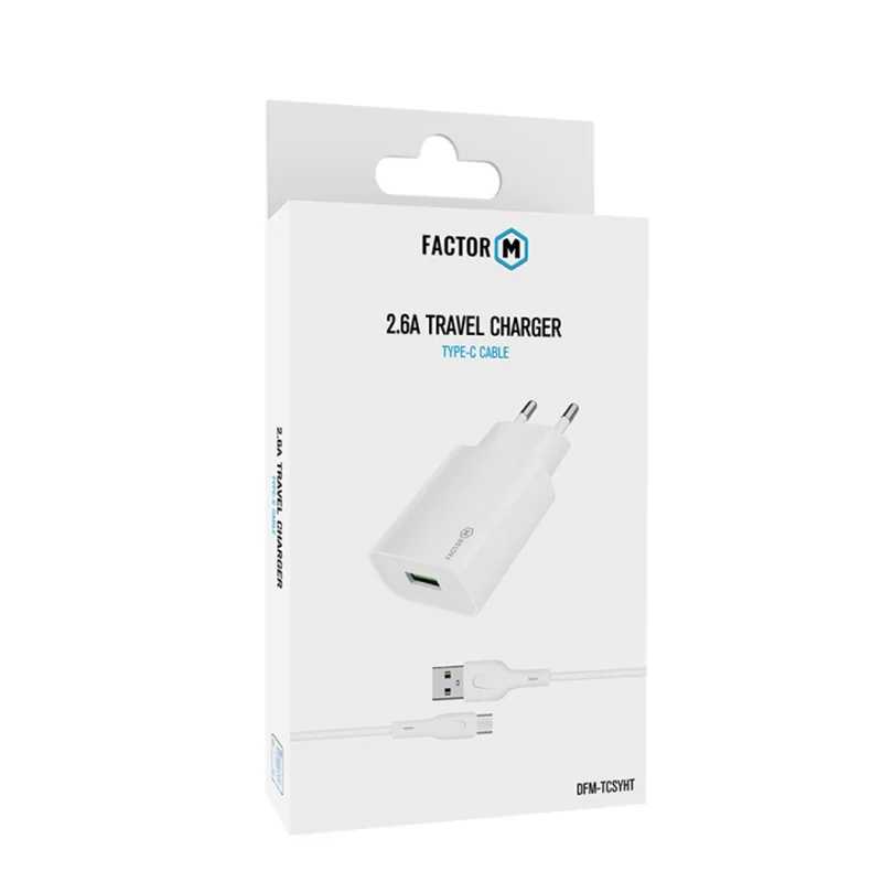 Factor-M Usb to Type-C 2.4A Ev/Seyahat Şarj Seti -Beyaz
