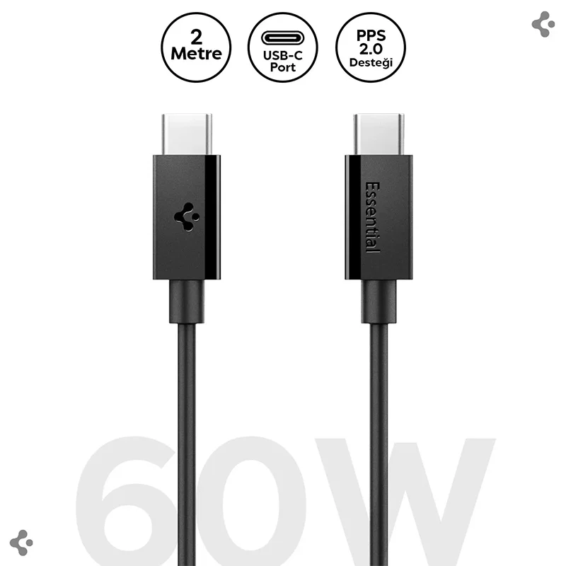 Spigen USB-C to USB-C 2 Metre Kablo 60W Güç / PPS 2.0 Super Hızlı Şarj / 480 Mbps Data Aktarım Hızı Type-C Ekstra Dayanıklı Black