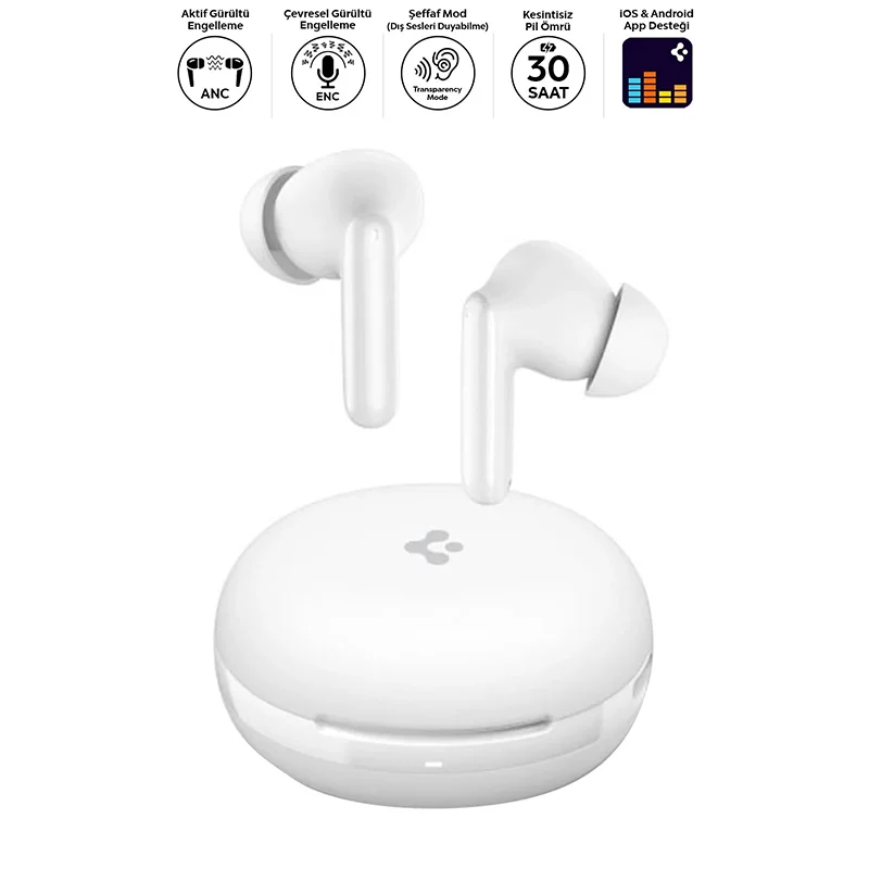 Spigen Audio TWS S10 Bluetooth Kablosuz Kulaklık - ANC Aktif Gürültü Engelleme + ENC 6 Mikrofon - 10mm Sürücü - 30 Saat Pil - iOS &amp; Android EQ App Şeffaf &amp; Gaming Mod iPX4 White