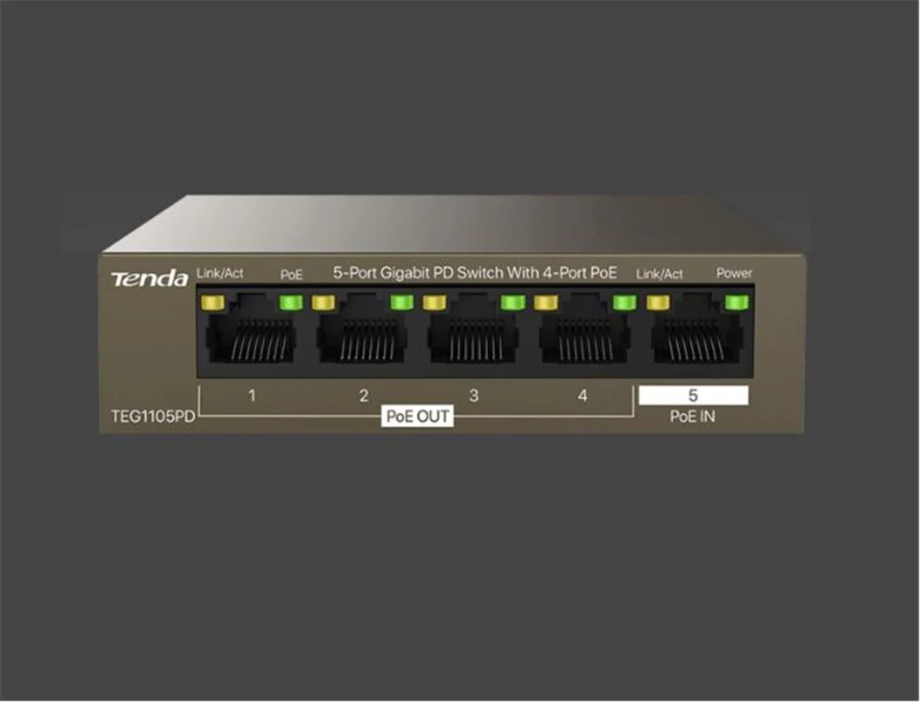 Tenda TEG1105PD 5 Port 4 Port Poe+ 1 Port Poe+ İN 10-100-1000 Switch Çelik Kasa Rack Mount