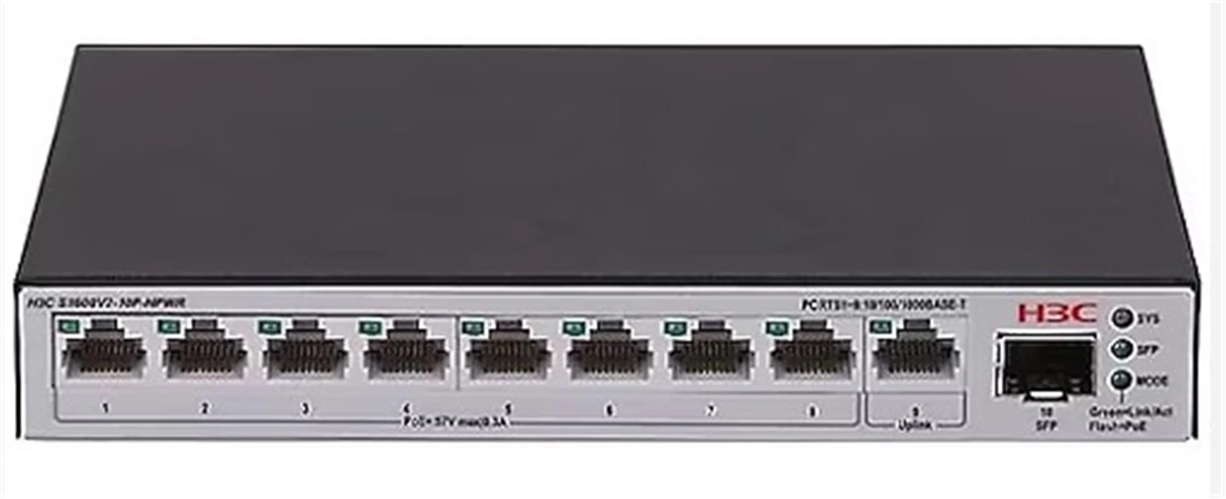 H3C S1600V2-10P-HPWR L2 9x 10-100-1000 BASE-T Ports (8x PoE+ Ports) 1x 1G SFP Port, 125W PoE+ Switch