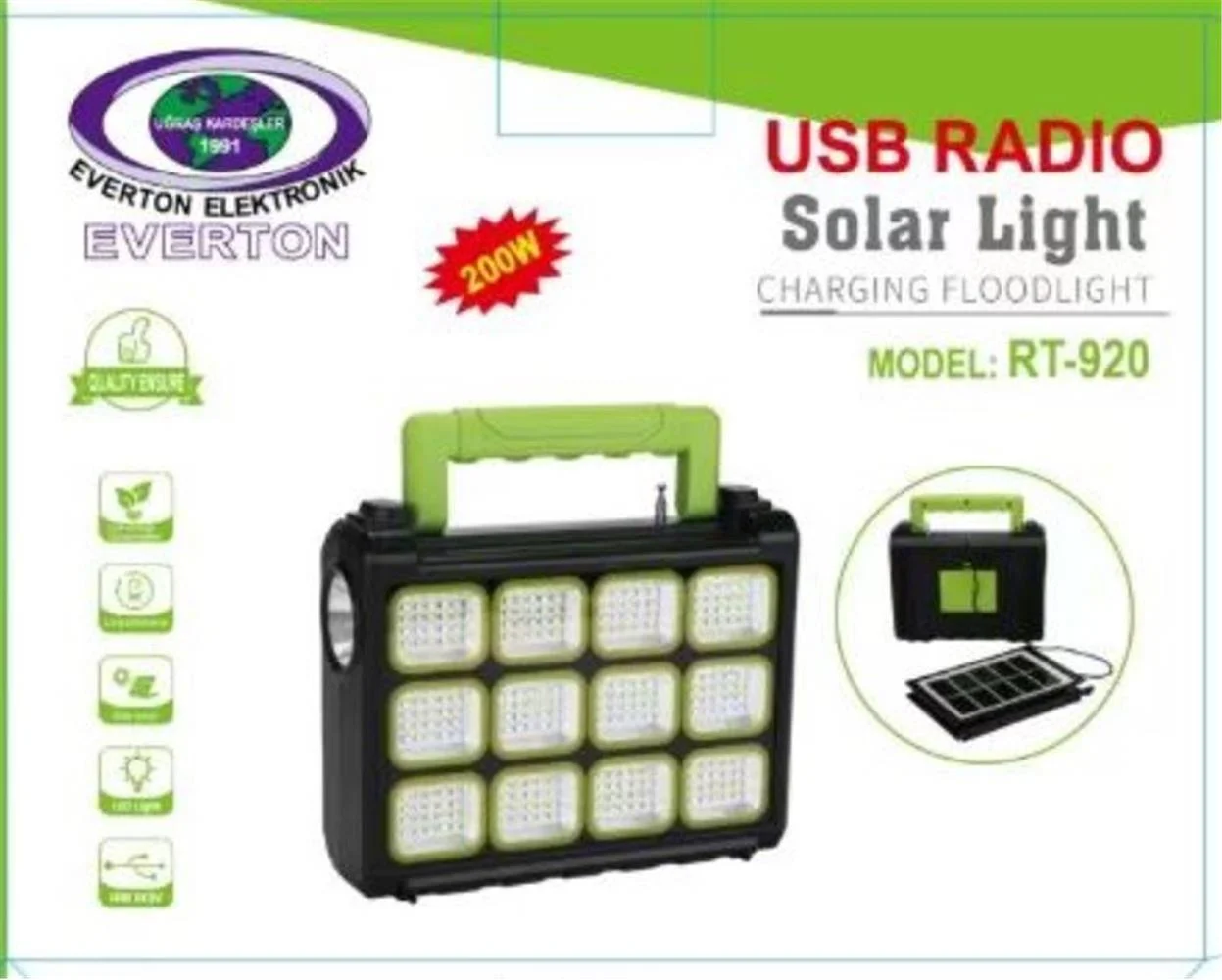 Everton Rt-920 Şarjlı 200w Solar Panelli Projektör (Radyolu)
