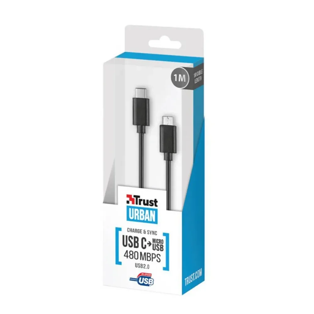 Trust 21316 USB2.0 Micro USB-Type C Şarj Kablosu Siyah 1m