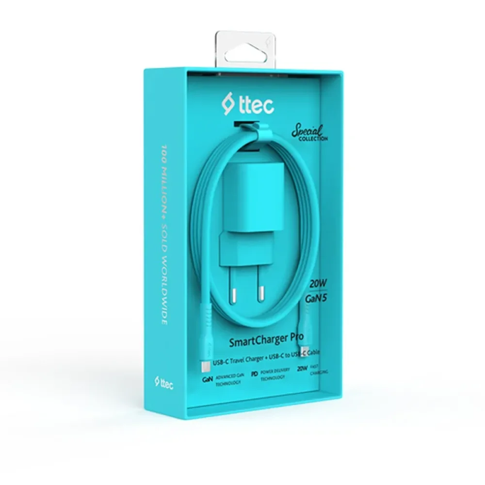 Ttec SmartCharger GAN 20W PD Seyahat Hızlı Şarj Aleti + USB-C - USB-C 3A Kablo Neon Mavi