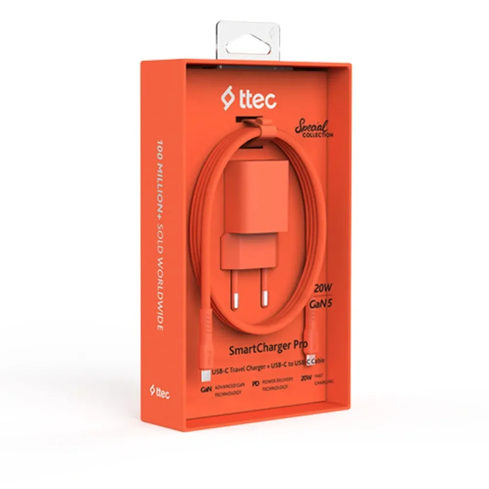 Ttec SmartCharger GAN 20W PD Seyahat Hızlı Şarj Aleti + USB-C - USB-C 3A Kablo Neon Turuncu