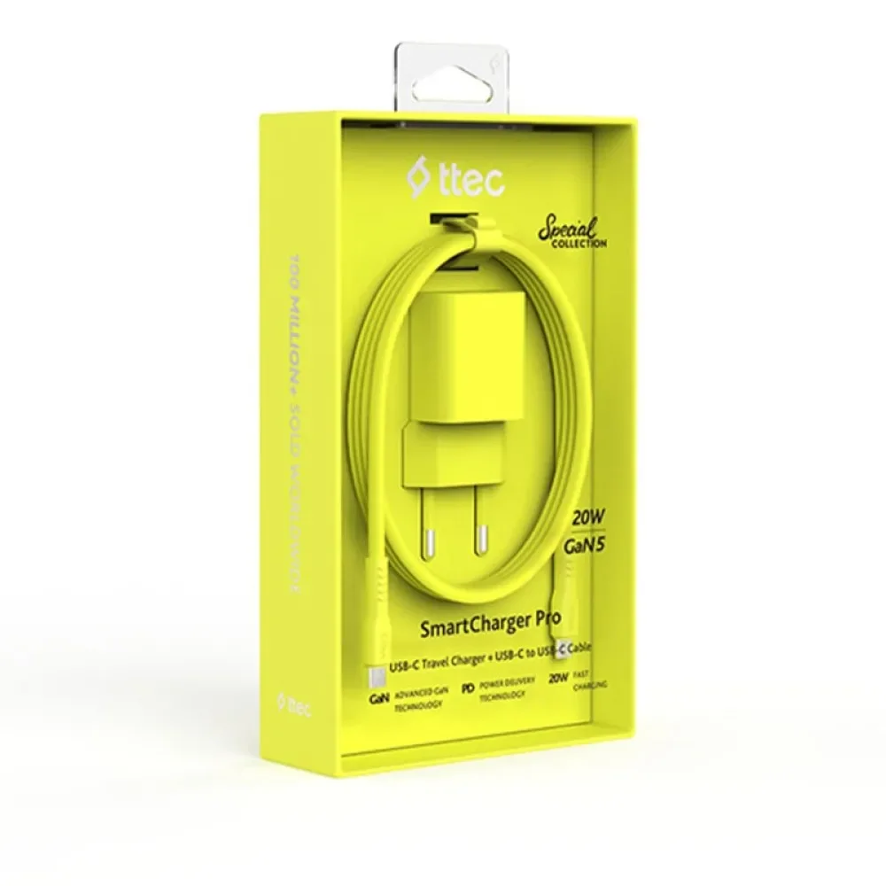 Ttec SmartCharger GAN 20W PD Seyahat Hızlı Şarj Aleti + USB-C - USB-C 3A Kablo Neon Sarı
