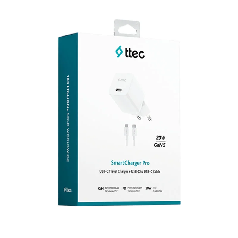 Ttec SmartCharger GAN 20W PD Seyahat Hızlı Şarj Aleti + USB-C - USB-C 60W Kablo