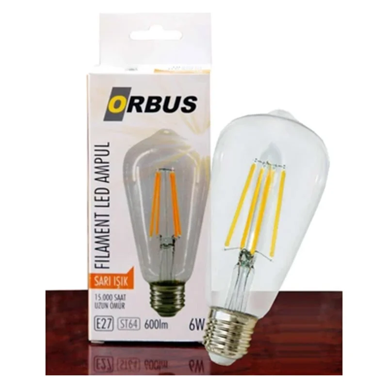 Orbus ORB-STM6W ST64 6W E27 Beyaz Cam Sarı Işık Dekoratif 540 Lm Led Ampul Ra80 220-240V-50Hz