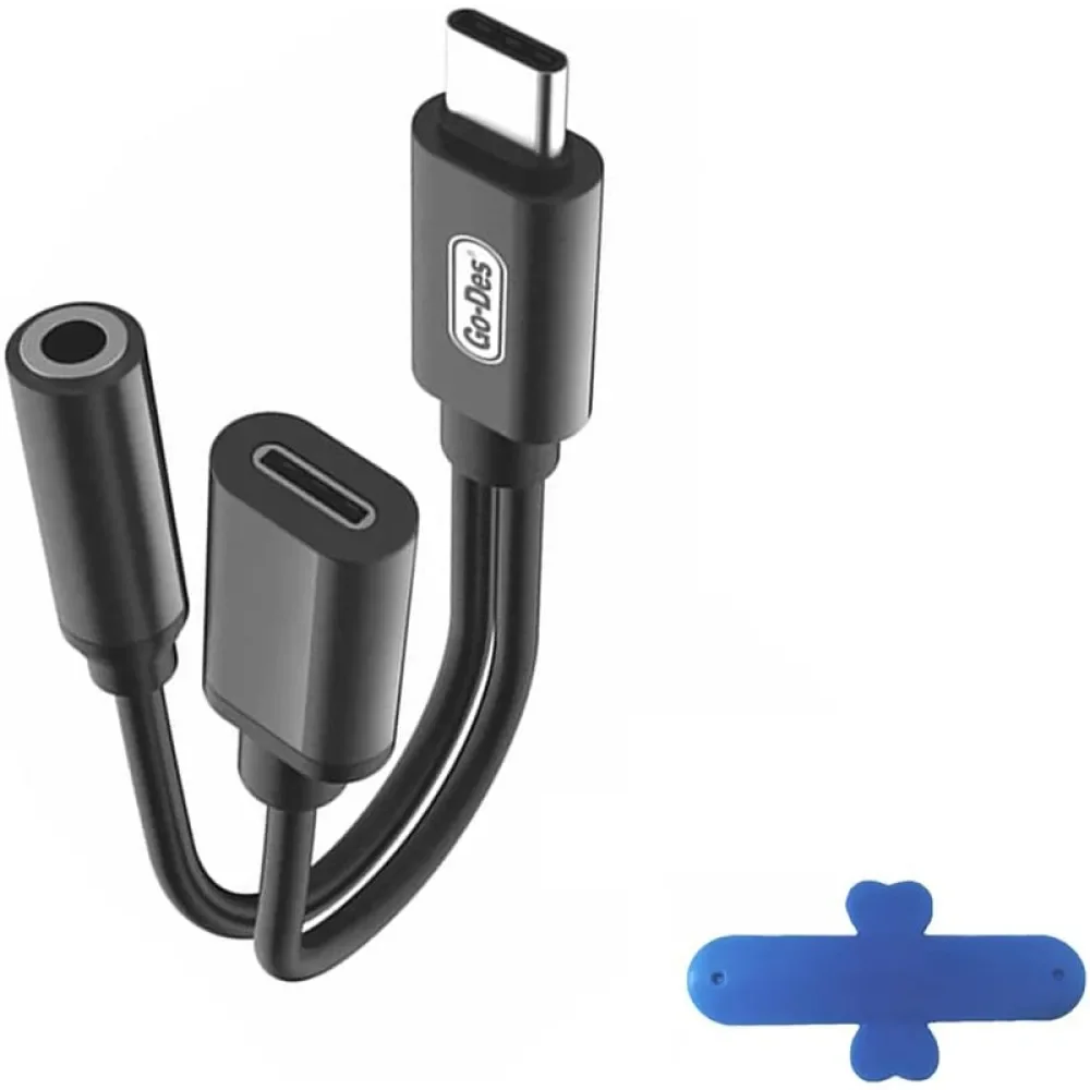 Go-Des 2'si 1 Arada Serisi Type-C - Aux ve Şarj Dönüştürücü Kablo 15 CM Hat Uzunluğu USB-C - 3,5 mm Kulaklık Ses Adaptörü ve Şarj (GD-UC033/Siyah)