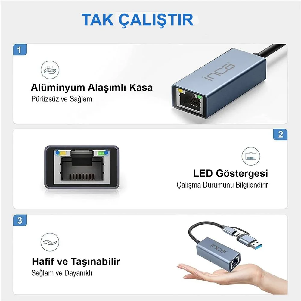 Inca IUTP-01TX Ethernet Adaptörü USB ve TYPE-Cye Bağlantı USB 3.0 ve TYPE-C 3.1 Alüminyum 1000Mbps