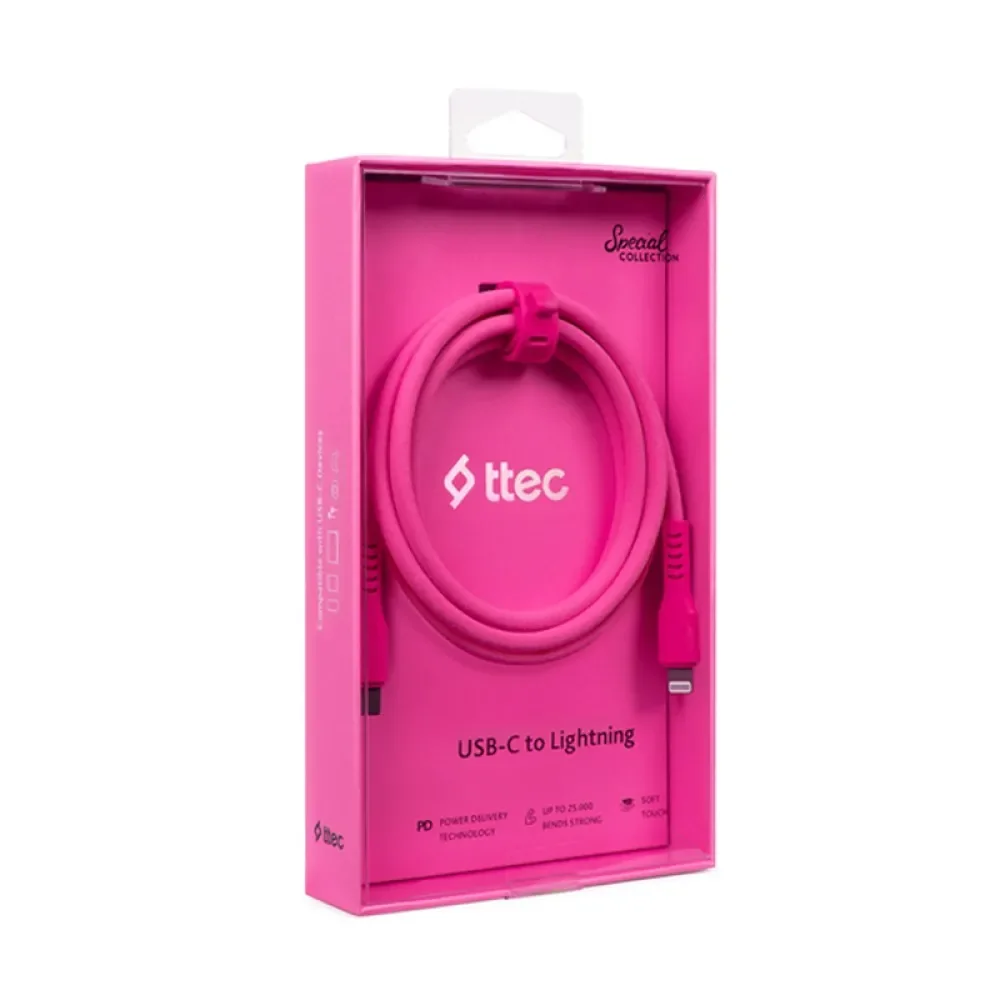 Ttec USB-C - Lightning Hızlı Şarj Kablosu 120cm Neon Pembe