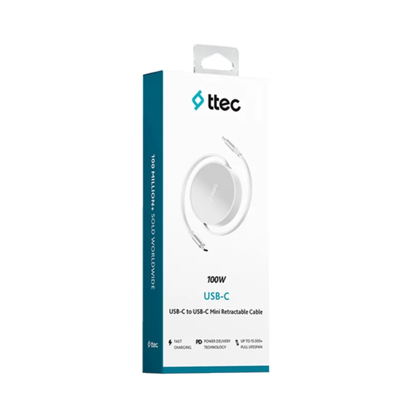 Ttec USB-C - USB-C Mini Makaralı 100W PD/QC 120cm Hızlı Şarj Kablosu Ay Parıltısı