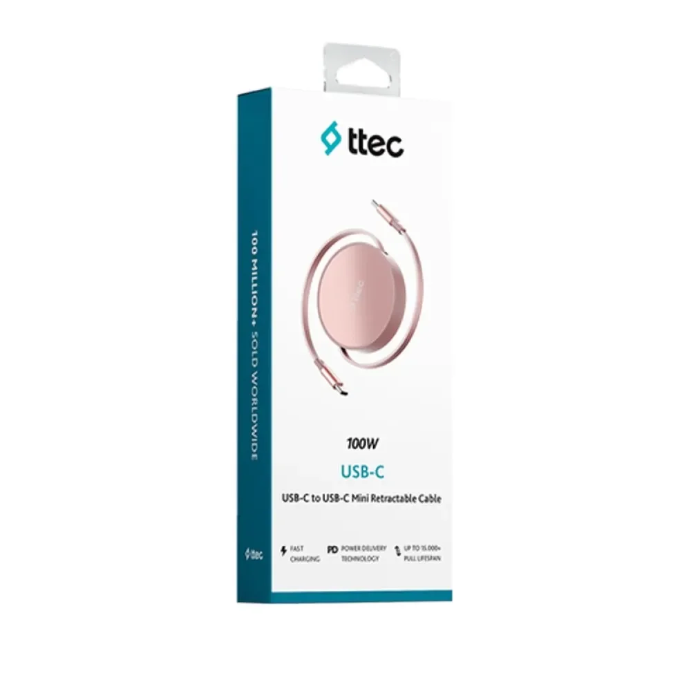 Ttec USB-C - USB-C Mini Makaralı 100W PD/QC 120cm Hızlı Şarj Kablosu Günbatımı Işıltısı