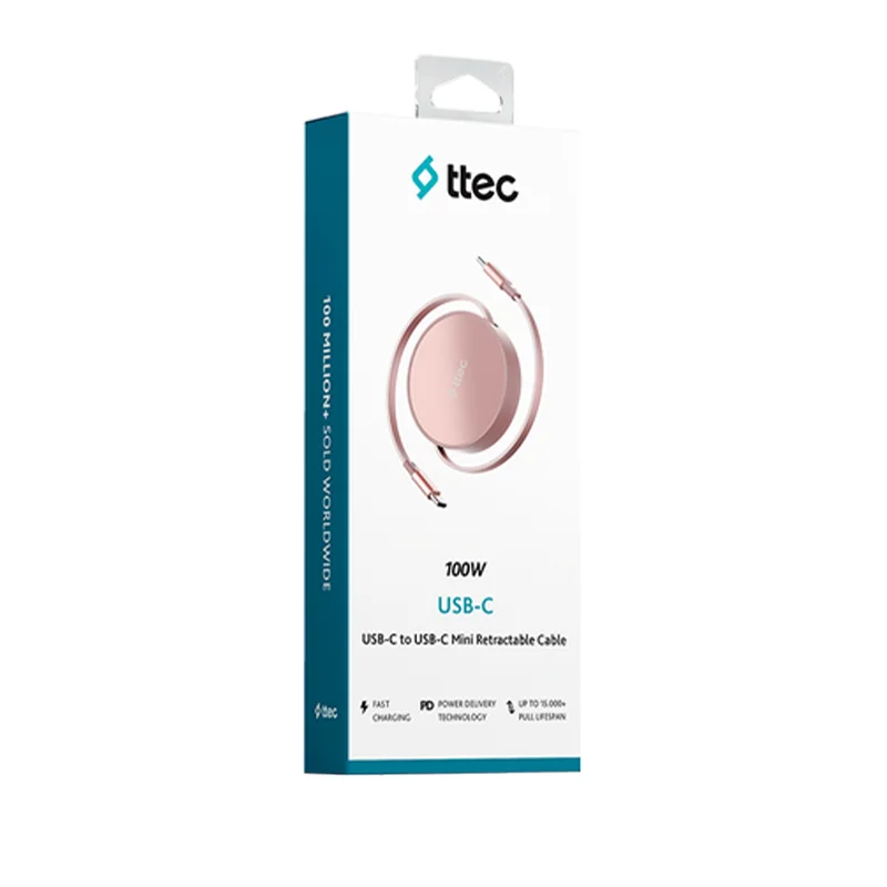 Ttec USB-C - USB-C Mini Makaralı 100W PD/QC 120cm Hızlı Şarj Kablosu Günbatımı Işıltısı