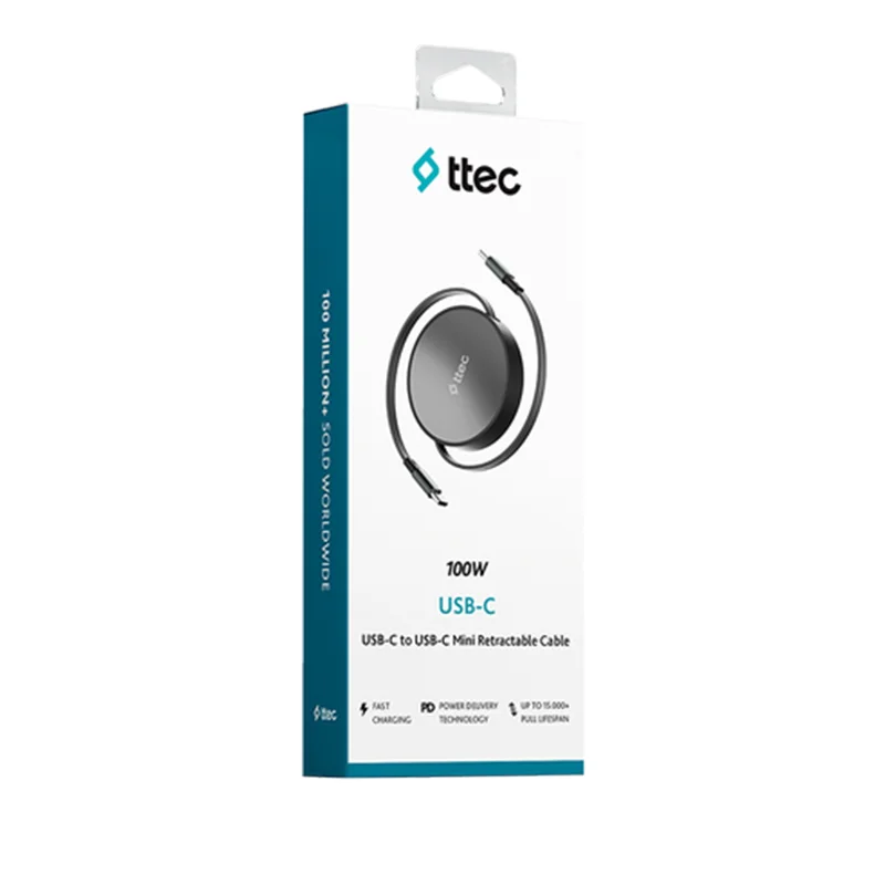Ttec USB-C - USB-C Mini Makaralı 100W PD/QC 120cm Hızlı Şarj Kablosu Uzay Siyahı