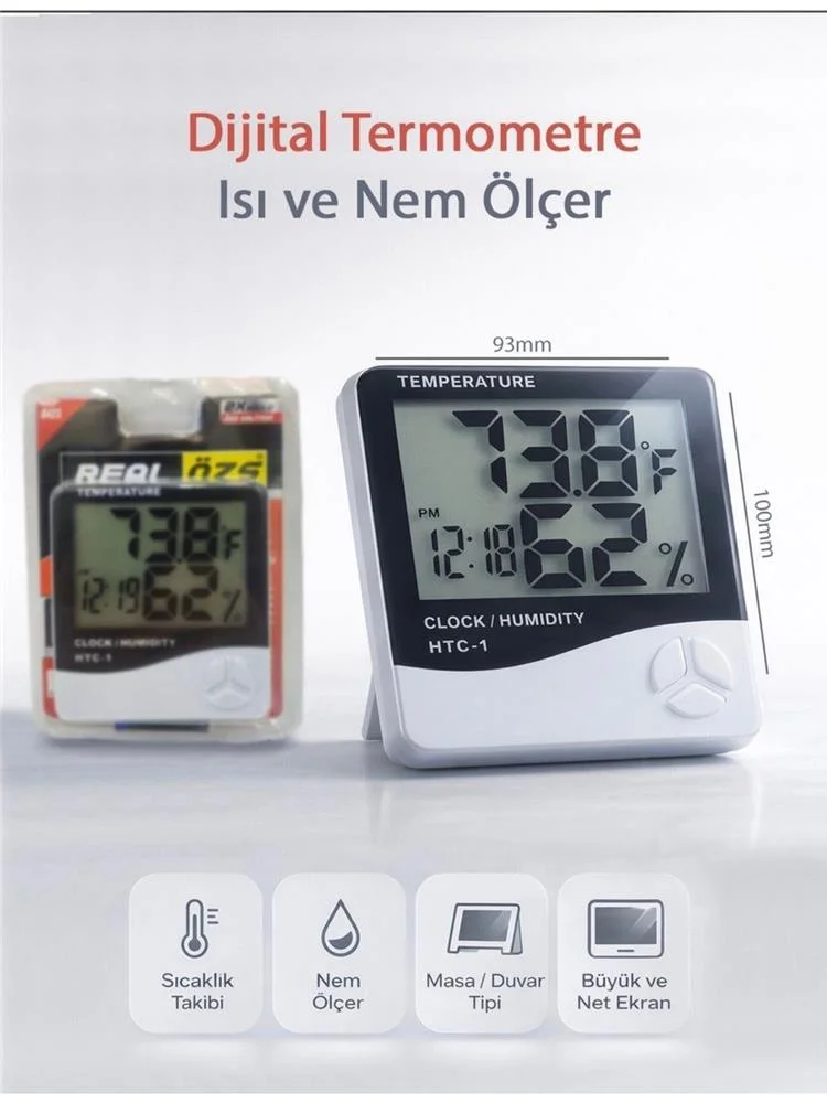 Real Özs HTC-1 Dijital Saat -Alarm - Termometre- Isı Ve Nem Ölçer