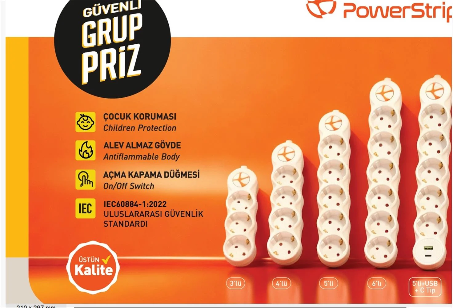 TUNCMATIK POWERSTRIP4 TSK19056 1,5m IEC 66884-1:2022 Standartı, FR(Alev Almaz)anahtarlı grup priz