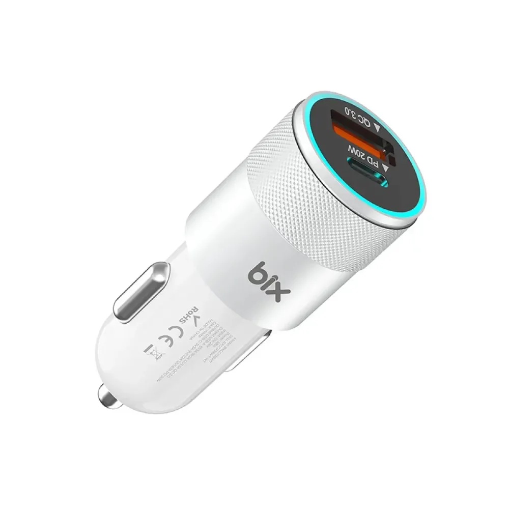 BXCCP38WT 38W USB QC 3.0 18W ve Type-C PD 20W Çift Portlu LED Işıklı Araç İçi Hızlı Şarj Cihazı Beyaz