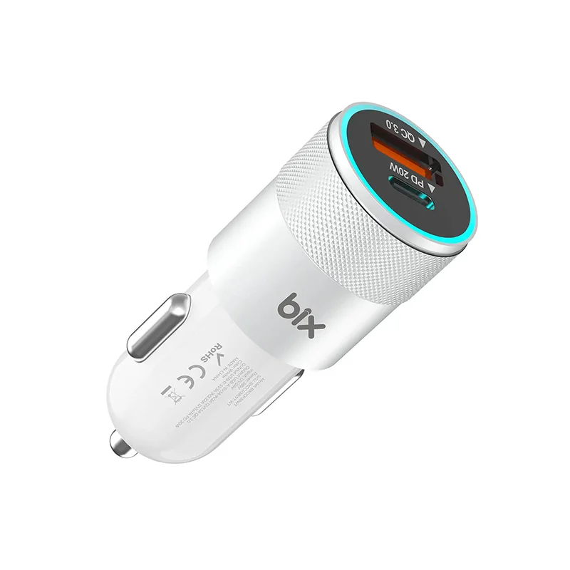 BXCCP38WT 38W USB QC 3.0 18W ve Type-C PD 20W Çift Portlu LED Işıklı Araç İçi Hızlı Şarj Cihazı Beyaz