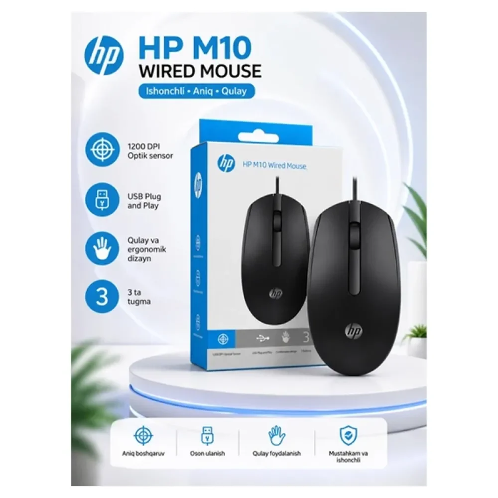HP M10 Siyah 1200 DPI KABLOLU Usb Optik Mouse (1,5mt Kablo Uzunluğu)
